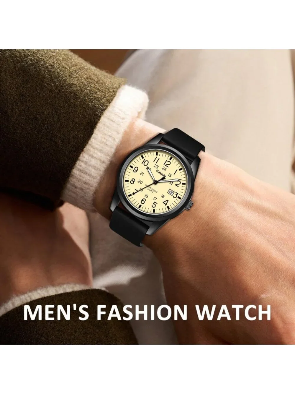 Men's Black Yellow Comfortable Silicone Strap Unisex Military Sport Casual Watch